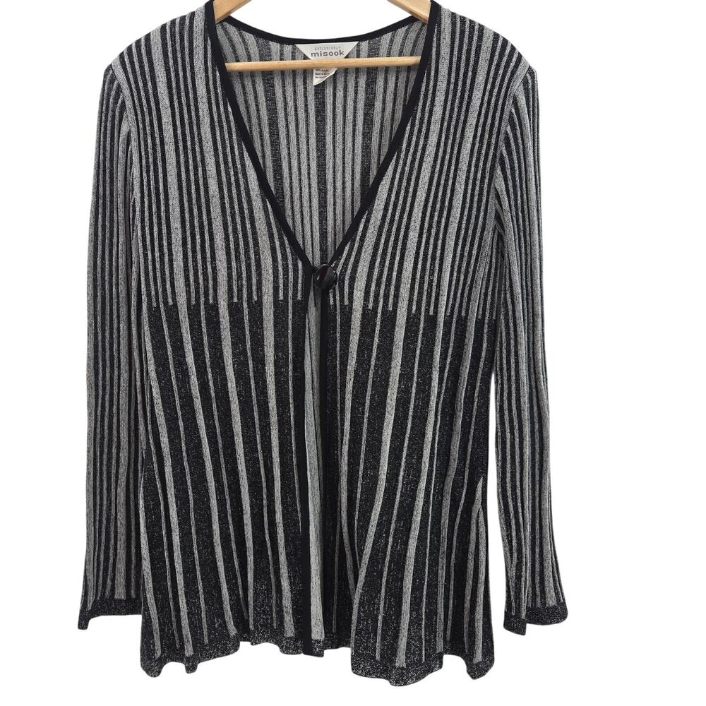 Misook Womens Lagenlook Artsy Black White Striped Textured Knit Cardigan L
